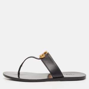 Gucci Black Leather GG Marmont Thong Flats Size 38