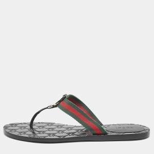 Gucci Black Leather GG Marmont Thong Flats Size 38