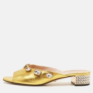 Gucci Gold Leather Crystal Embellished Slide Sandals Size 39