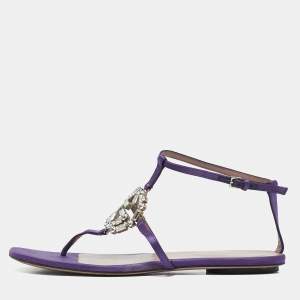 Gucci Purple Satin Crystal Embellished Interlocking G Thong Flat Sandals Size 36