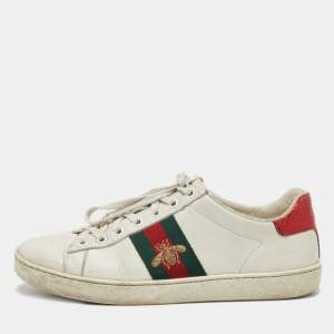 Gucci White Leather Bee Embroidered Ace Web Low Top Sneakers Size 37