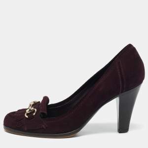 Gucci Burgundy Suede Horsebit Fringe Pumps Size 36.5