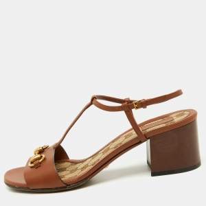 Gucci Brown Leather Horsebit Detail T-Strap Sandals Size 39