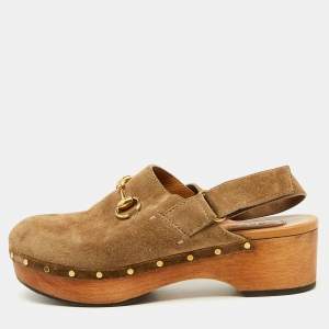 Gucci Brown Suede Horsebit Amstel Slingback Clogs Size 38.5
