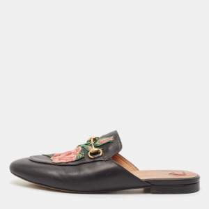 Gucci Black Leather Floral Embroidered Princetown Mules Size 38.5