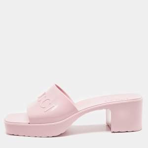 Gucci Pink Rubber Embossed Logo Slide Sandals Size 40
