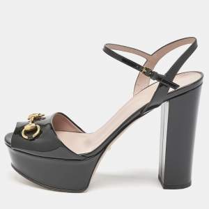 Gucci Black Patent Leather Horsebit Platform Peep Toe Ankle Strap Sandals Size 40