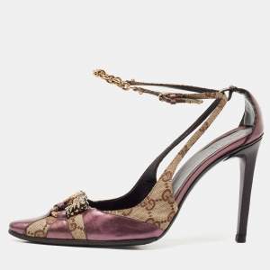Gucci Beige/Purple GG Canvas and Leather Chain Detail Ankle Strap Pumps Size 39