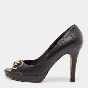 Pre Owned Gucci Black Leather Horsebit Peep Toe Platform Pumps Size 37