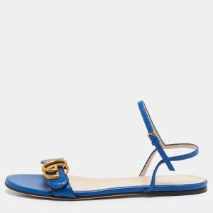 Gucci Blue Leather GG Marmont Ankle Strap Flat Sandals Size 36.5