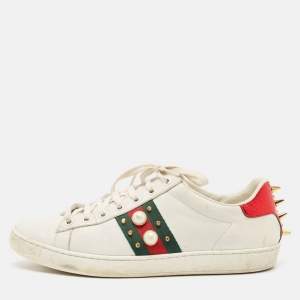 Gucci White Leather and Python Embossed Ace Lace Up Sneakers Size 38.5
