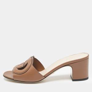Pre Owned Gucci Brown Leather Interlocking G Slide Sandals Size 37