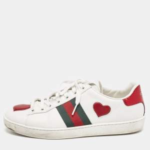 Pre Owned Gucci White Leather Ace Heart Web Low Top Sneakers Size 37
