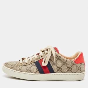 Gucci Beige/Brown GG Supreme Canvas Ace Low Top Sneakers Size 37