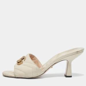 Gucci Off White Leather Matelasse GG Marmont Slide Sandals Size 39.5