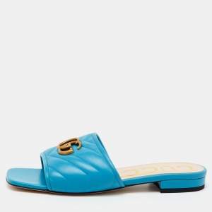 Gucci Blue Quilted Leather GG Marmont Flat Slide Sandals Size 38.5