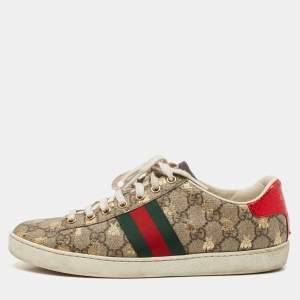Gucci Brown/Beige GG Supreme Canvas Ace Bee Lace Up Sneakers Size 37.5