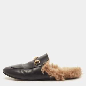 Gucci Black Leather And Fur Princetown Mule Sandals Size 39