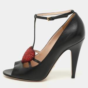 Gucci Black Leather Molina Embellished T-Strap Pumps Size 38.5