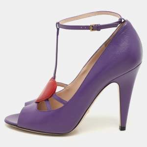 Gucci Purple Leather Molina Heart T Strap Pumps Size 38.5