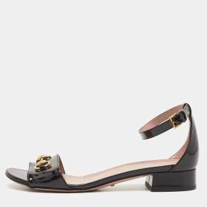 Gucci Black Patent Leather Horsebit Ankle Strap Sandals Size 40