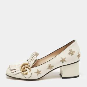 Gucci Cream Leather GG Marmont Fringe Block Heel Pumps Size 37
