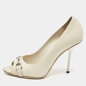 Gucci Off White Leather Horsebit Peep Toe Pumps Size 38.5