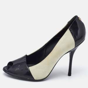Gucci Black/White Patent Leather And Suede Peep Toe Pumps Size 37