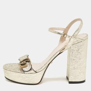 Gucci Gold Foil Leather GG Marmont Ankle Strap Sandals Size 39
