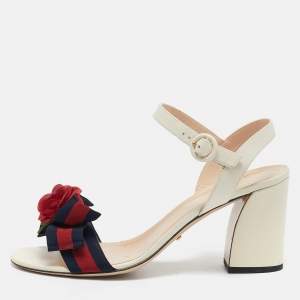 Gucci Cream Leather Web Bow Flower Block Heel Ankle Strap Sandals Size 41