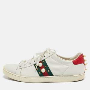 Pre Owned Gucci White Leather Studded Ace Sneakers Size 41