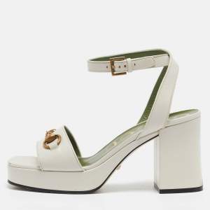 Gucci Cream Leather GG Marmont Platform Block Heel Ankle Strap Sandals Size 38.5