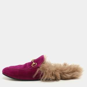 Pre Owned Gucci Purple Velvet Fur Lined Prince town Mules Size 38.5