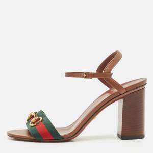 Gucci Brown Leather Web Horsebit Ankle Strap Sandals Size 38