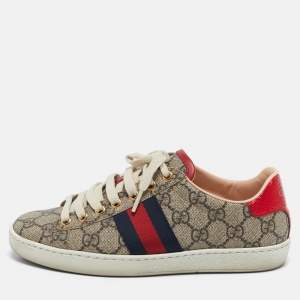 Gucci Beige GG Supreme Canvas Web Ace Low Top Sneakers Size 35