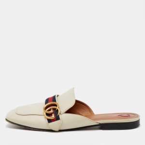 Pre Owned Gucci Off White Leather Peyton Square Toe Flat Mules Size 38
