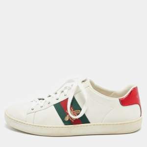 Gucci White Leather Web Detail Bee Embroidered Ace Low Top Sneakers Size 35.5