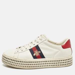 Gucci White Leather Embroidered Bee Crystal Embellished Platform New Ace Sneakers Size 39.5