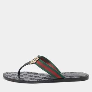 Pre Owned Gucci Black Leather and Web Interlocking G Thong Flats Size 38