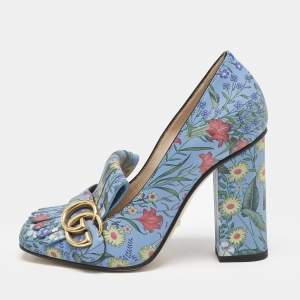 Gucci Blue Floral Print Leather GG Marmont Fringe Pumps Size 36