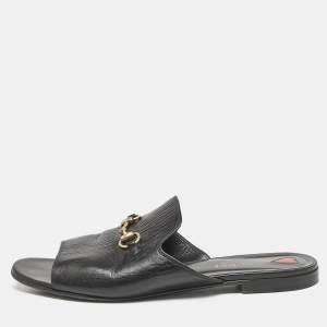 Gucci Black Leather Malaga Horsebit Flat Slide Sandals Size 39.5