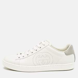 Gucci White/Grey Leather Perforated Interlocking G Ace Sneakers Size 34.5
