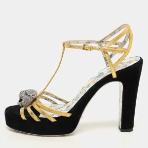Gucci Gold Leather Tiger Head Embellished Ankle Strap Sandals Size 38