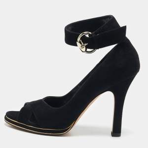 Gucci Black Suede Peep Toe Ankle Strap Pumps Size 36