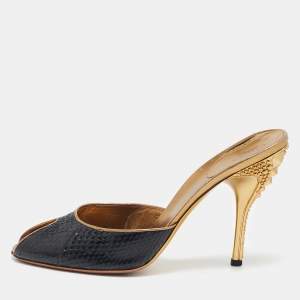 Gucci Black/Gold Snakeskin and Leather Slide Sandals Size 40