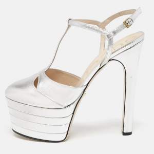 Gucci Silver Leather T-Strap Platform Ankle Strap Pumps Size 40