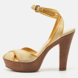 Gucci Yellow Suede and Patent Leather Trim Criss Cross Platform Ankle Strap Sandals 39.5