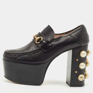Gucci Black Leather Pearl Studded Vegas Platform Loafer Pumps Size 39