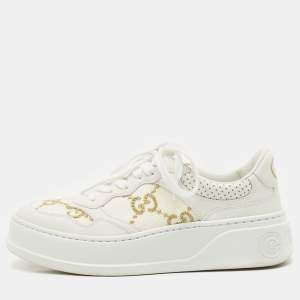 Gucci White Leather Gold Lame GG Platform Sneakers Size 38.5