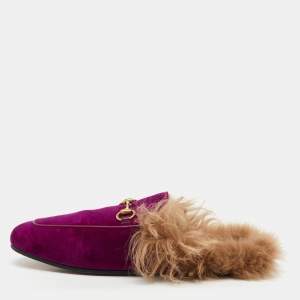 Gucci Purple Fur and Velvet Princetown Mules Size 38